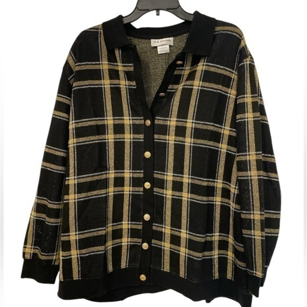 Black & Gold Plaid Button-Up Cardigan Sweater